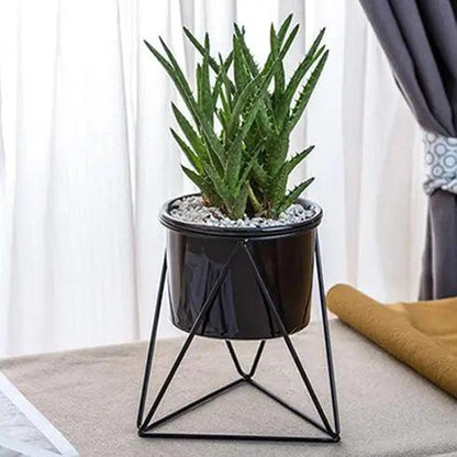 Blumentopf aus Keramik mit Eisenständer | Moderner Übertopf für Luftpflanzen und Sukkulenten