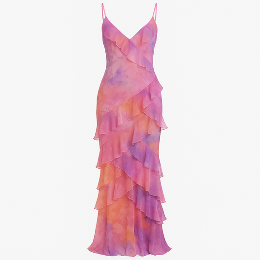 Aurora | Schluppenkleid – Pastellblumen und elegante Lagen