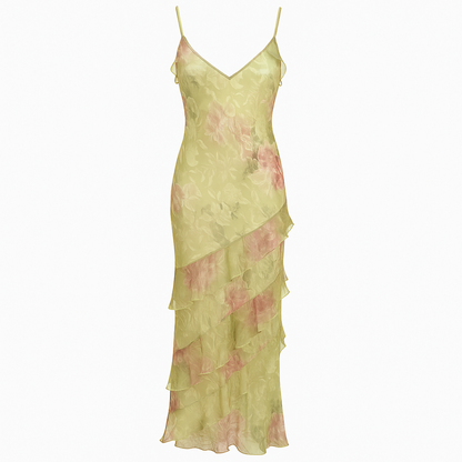 Aurora | Schluppenkleid – Pastellblumen und elegante Lagen