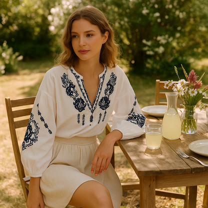 Alma | Boho-Bluse mit marineblauem Stickereimuster, lockere Passform