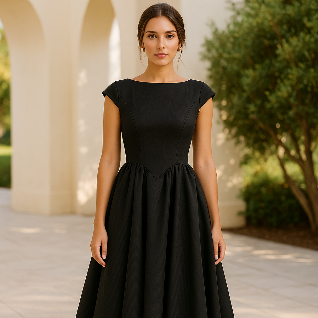 Valentina – Elegantes schwarzes Midi-Kleid mit freiem Rücken