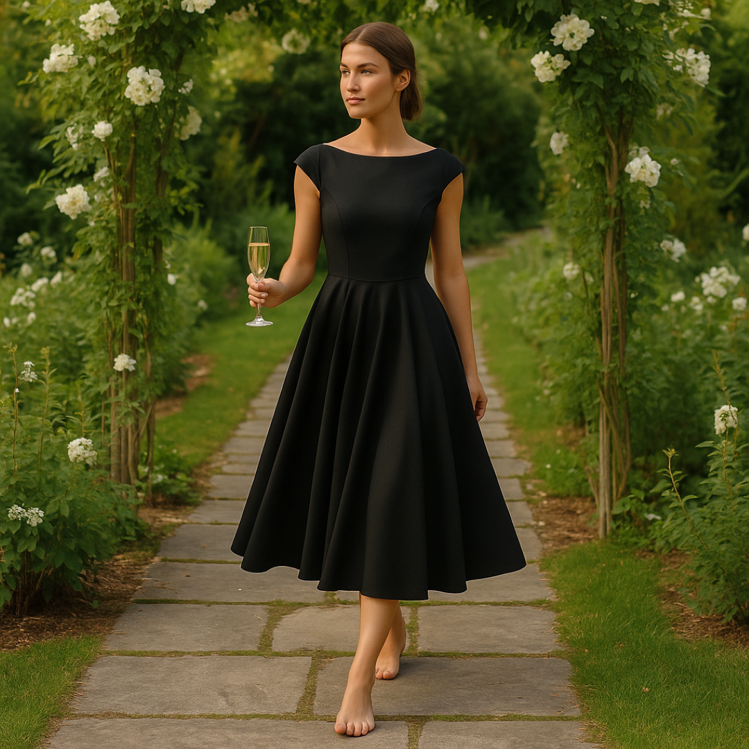 Valentina – Elegantes schwarzes Midi-Kleid mit freiem Rücken