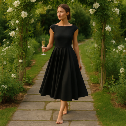 Valentina – Elegantes schwarzes Midi-Kleid mit freiem Rücken