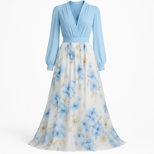 Cloe | Elegantes langes Kleid mit leichten Ärmeln und floralem Rock