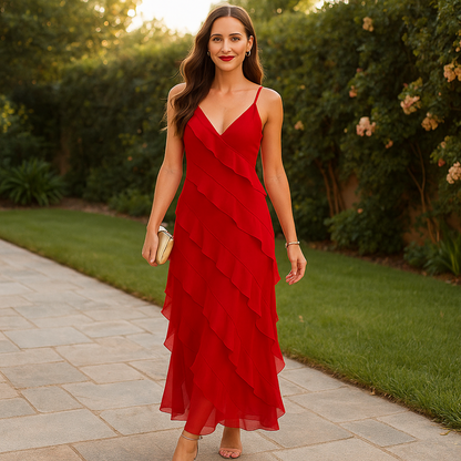 Grace | Langkleid mit dünnen Trägern und schichtigem Volant