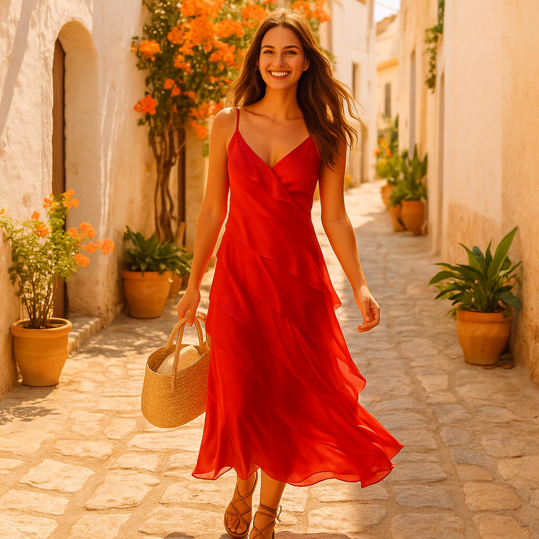 Grace | Langkleid mit dünnen Trägern und schichtigem Volant