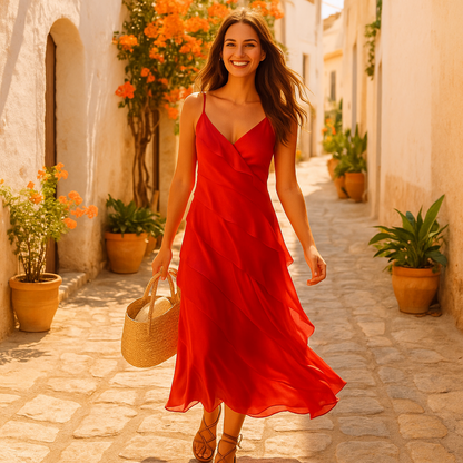 Grace | Langkleid mit dünnen Trägern und schichtigem Volant