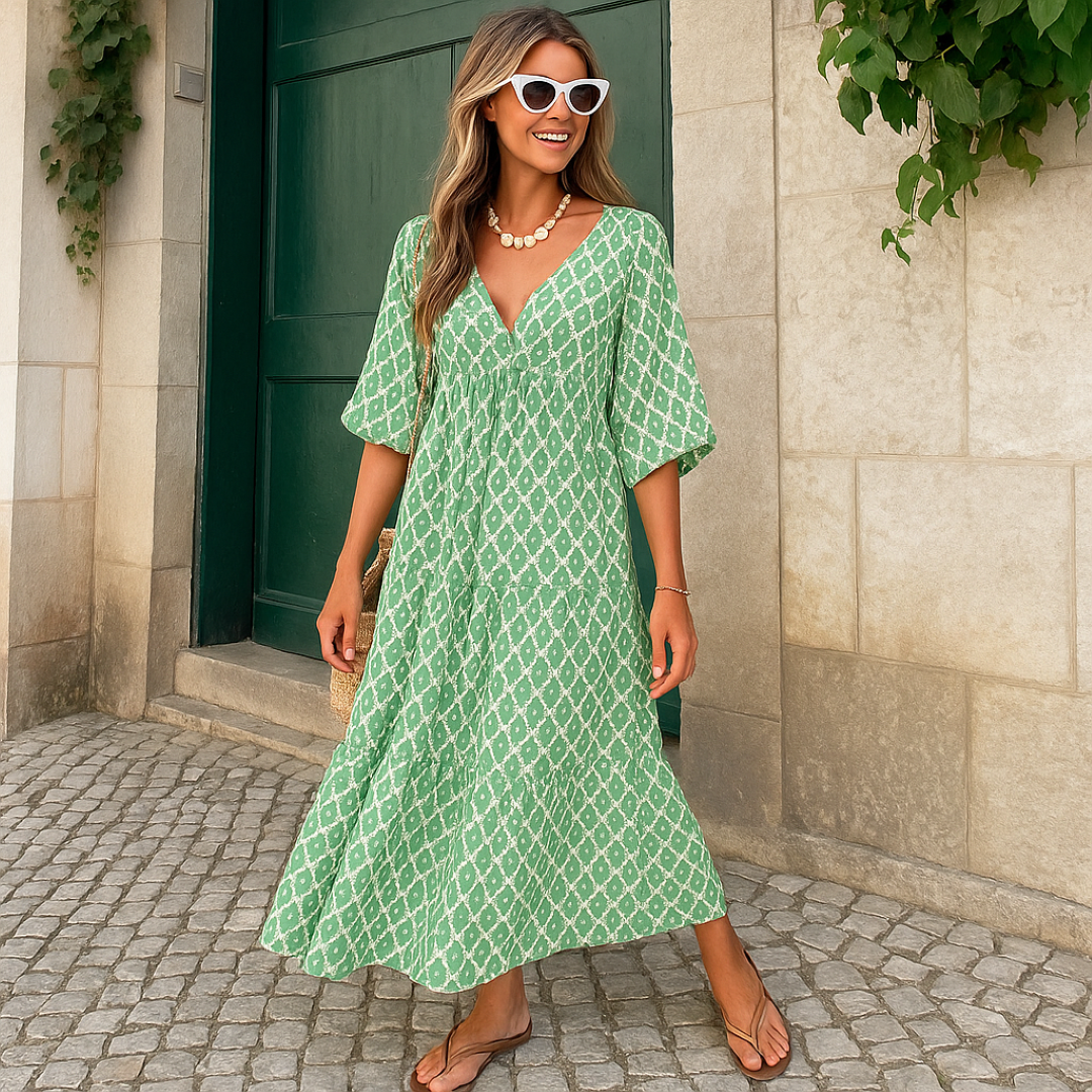 Lara | Langes Boho-Alltagskleid mit dezenter Druck