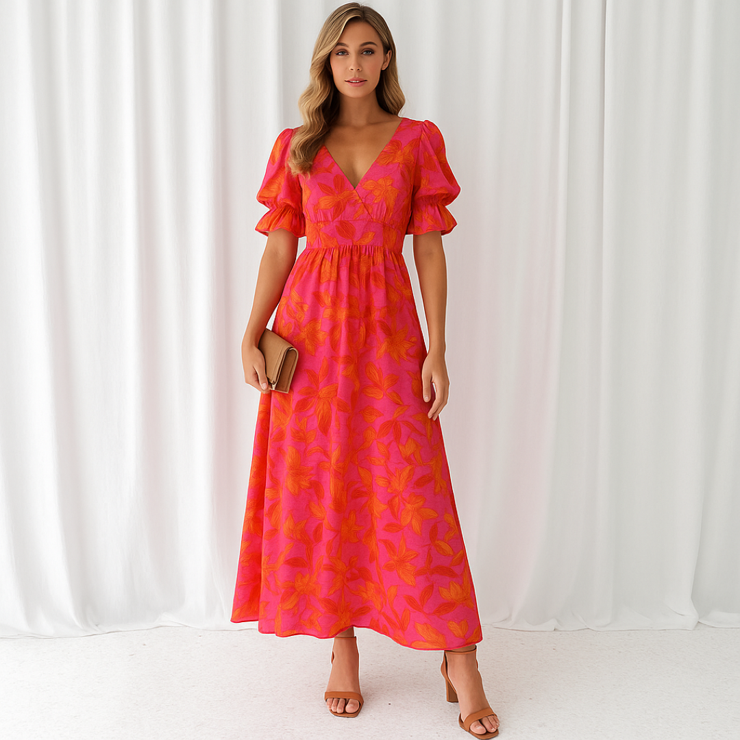 Nina | Lebhaft besticktes langes Kleid mit Puffärmeln