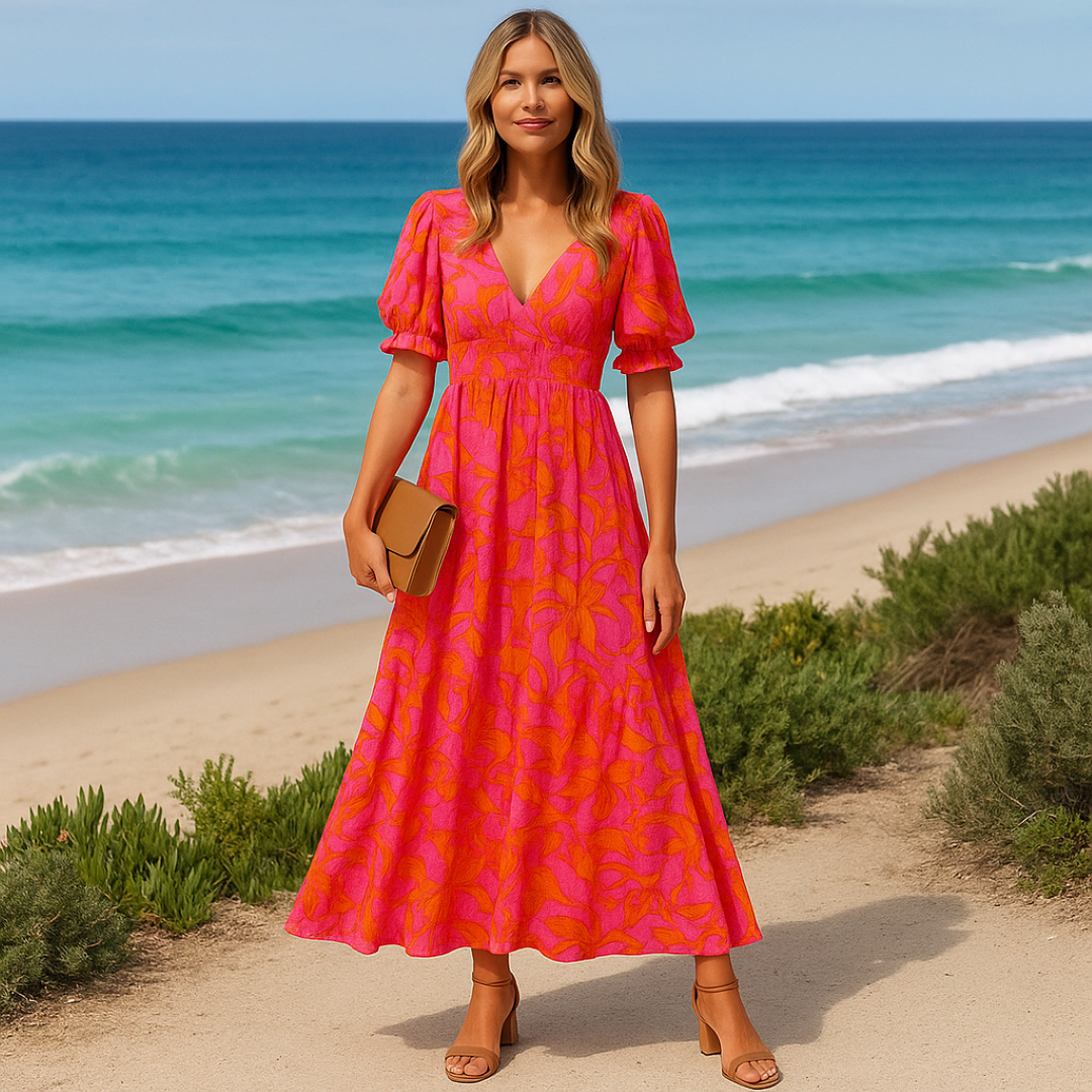 Nina | Lebhaft besticktes langes Kleid mit Puffärmeln