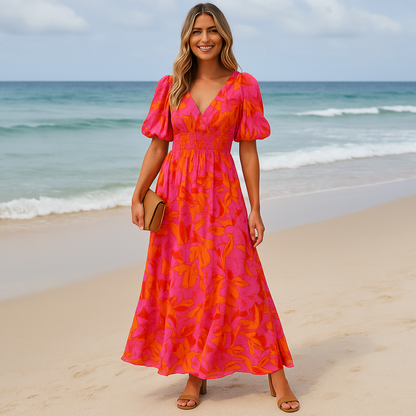 Nina | Lebhaft besticktes langes Kleid mit Puffärmeln