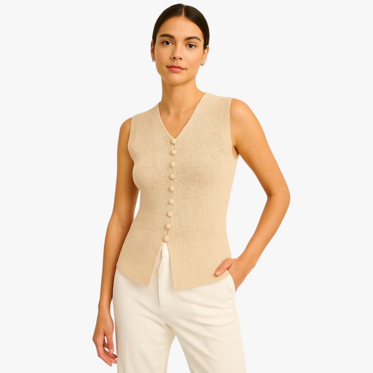 Mara | Rundhalsausschnitt gestrickter Pullover mit Knöpfen