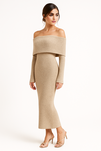 Bridget | Schulterfreies Bouclé-Strick-Midikleid in Taupe