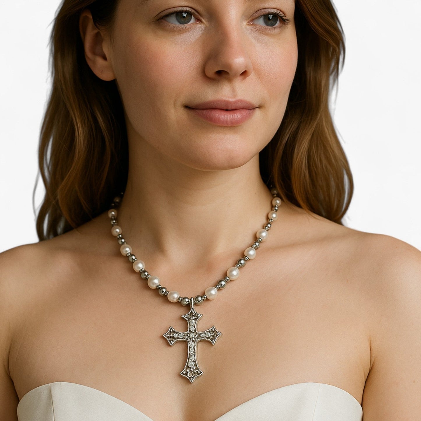 Kora | Elegante Gothic-Halskette mit Kristallkreuz und Barockperlen