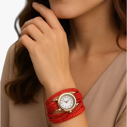 Heidi | Damenuhr mit langem Lederarmband: Eleganz und Glanz vereint