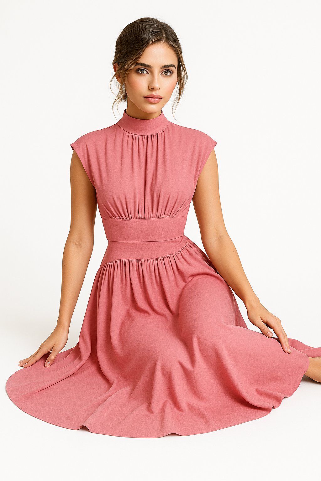 Anna | Elegantes Damen Midikleid mit Cut-Outs und hohem Kragen