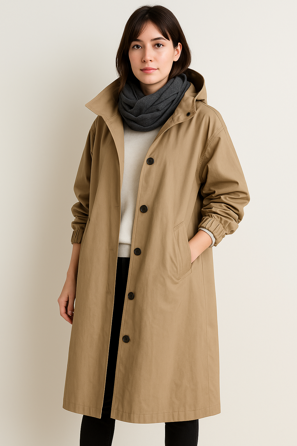 Langer Damen Trenchcoat mit Kapuze – Ranya