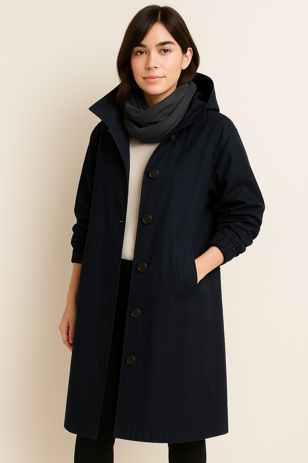 Langer Damen Trenchcoat mit Kapuze – Ranya