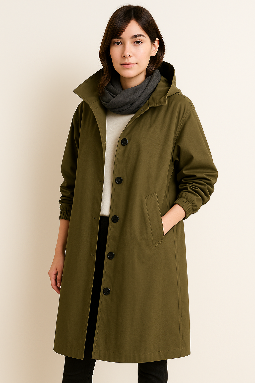 Langer Damen Trenchcoat mit Kapuze – Ranya
