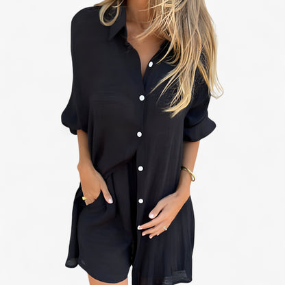 Isabelle | Damen Baumwoll-Linen Komplettanzug mit Shorts