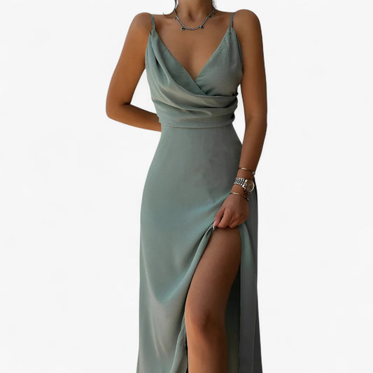 Katia | Damen Satin Abendkleid mit Hohem Schlitz