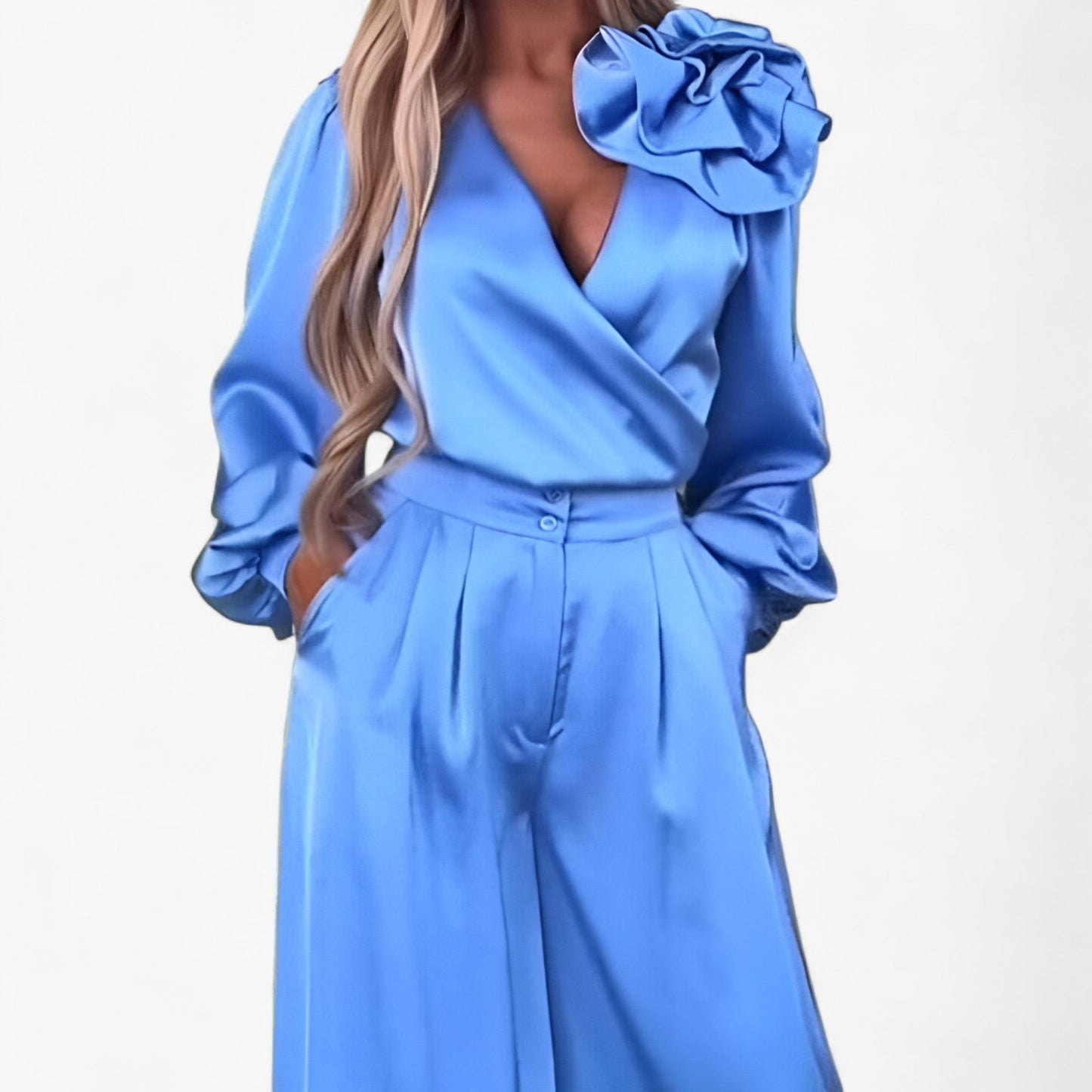 Leona | Damen Twin Set Polyester mit V-Ausschnitt und Weiten Hosen