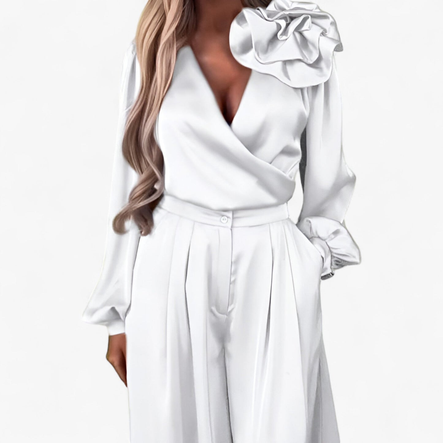 Leona | Damen Twin Set Polyester mit V-Ausschnitt und Weiten Hosen