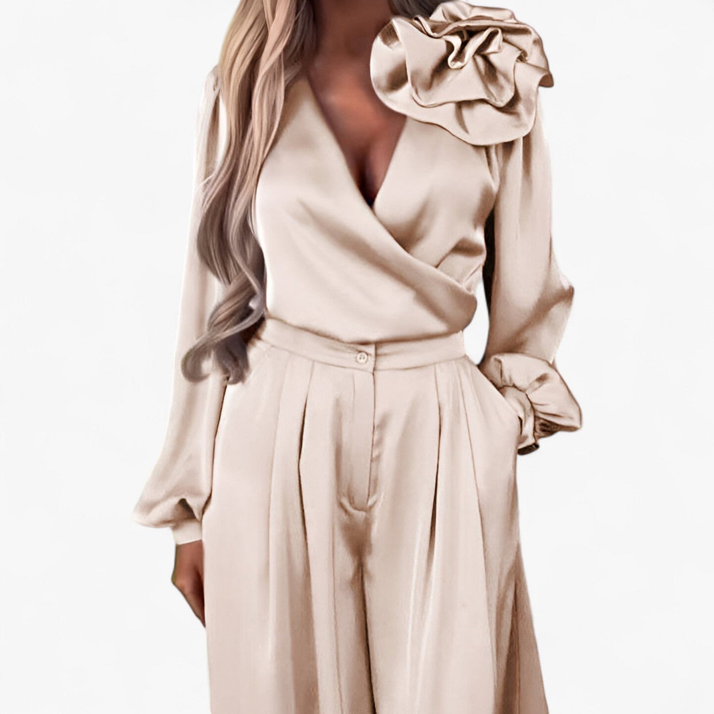 Leona | Damen Twin Set Polyester mit V-Ausschnitt und Weiten Hosen