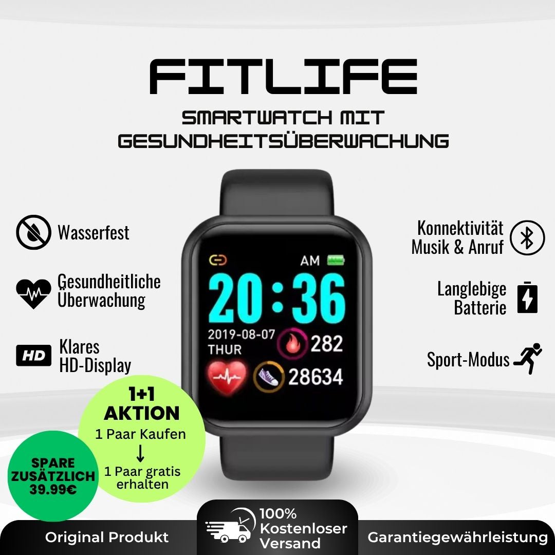 FitLife - Gesundheits u.-Fitness -Smartwatch (2025) - Sonderaktion 1+1 Gratis