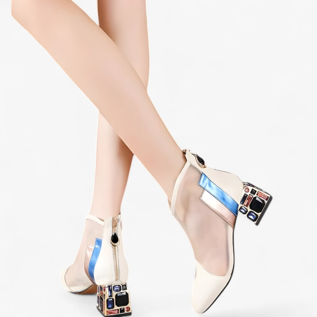 Ruby | Netz-Sandalen mit mittelhohem Absatz und durchbrochenem Strass