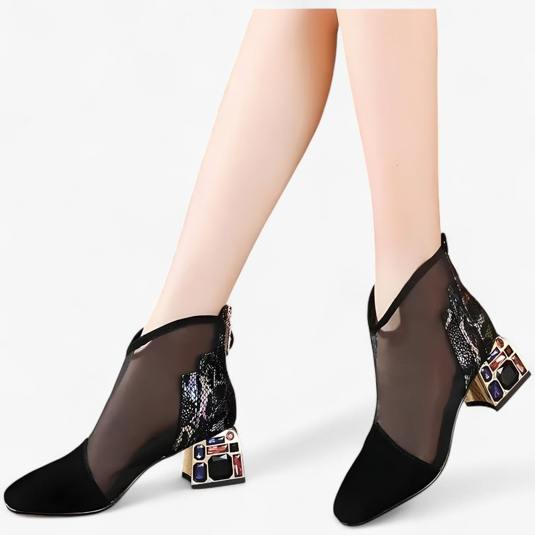 Ruby | Netz-Sandalen mit mittelhohem Absatz und durchbrochenem Strass