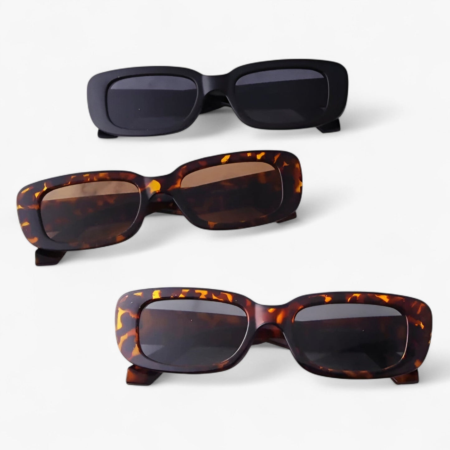 Nico | Unisex Retro Rechteckige Sonnenbrille mit Schwarzen Gläsern