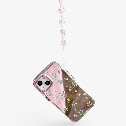 Luxuriöses Rosa | Spiegelblumen-iPhone-Hülle - Hübsche Perlenkette