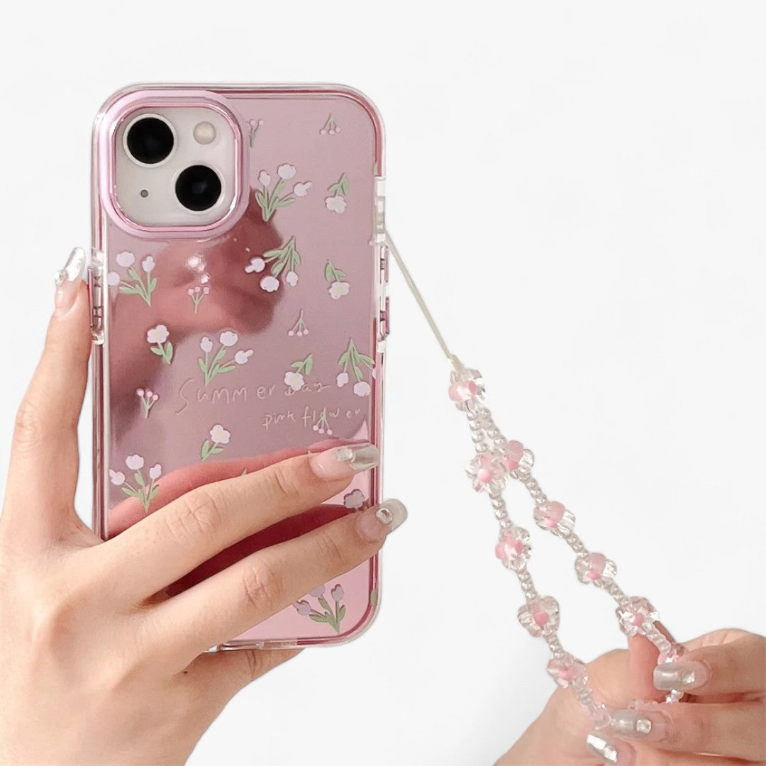 Luxuriöses Rosa | Spiegelblumen-iPhone-Hülle - Hübsche Perlenkette