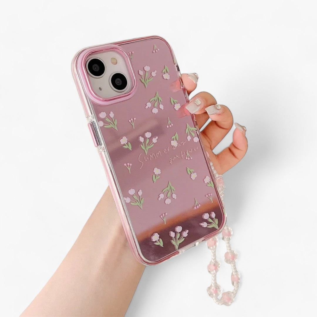 Luxuriöses Rosa | Spiegelblumen-iPhone-Hülle - Hübsche Perlenkette