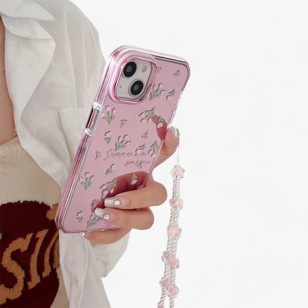 Luxuriöses Rosa | Spiegelblumen-iPhone-Hülle - Hübsche Perlenkette