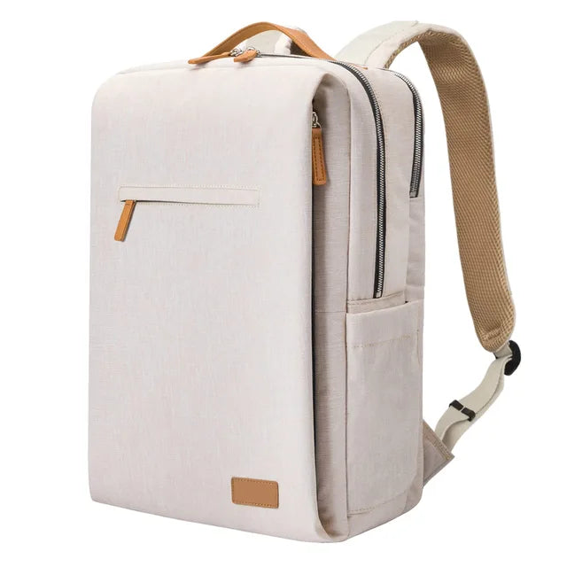 Beige multifunktionaler Reiserucksack für Damen, Laptopfach, USB-Anschluss, leicht, stilvoll.