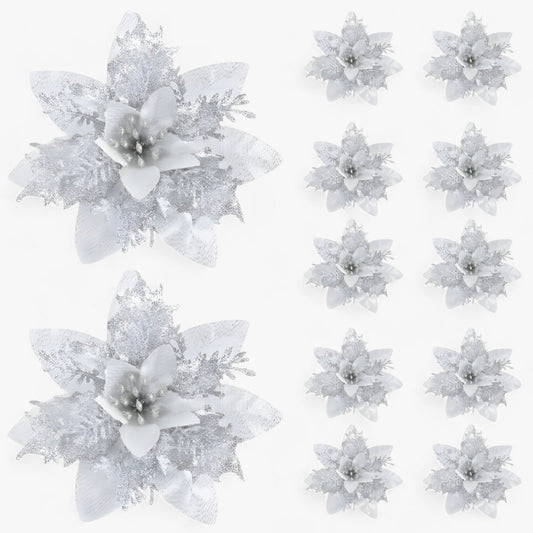 5/10 Stück glitzernde Weihnachtsblumen – funkelnder Baumschmuck