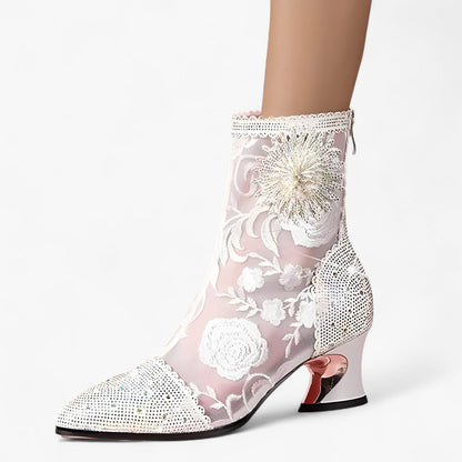Carmen | Spitzstiefel mit Kristallen und Netzspitze