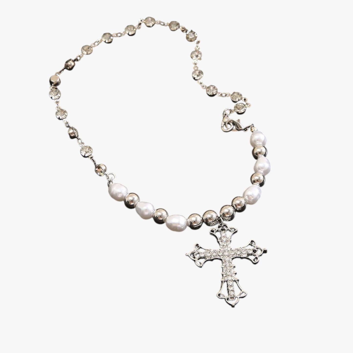 Kora | Elegante Gothic-Halskette mit Kristallkreuz und Barockperlen