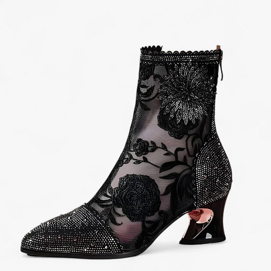 Carmen | Spitzstiefel mit Kristallen und Netzspitze