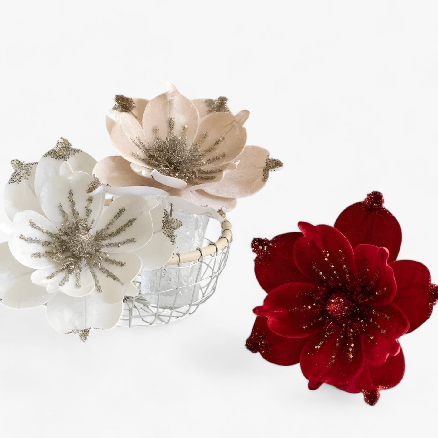 Blumen | Glänzende Kunstweihnachtsblumen - Fröhliche Ornamente für den Weihnachtsbaum und Neujahrsdekoration