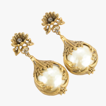 Zaria | Elegante Vintage-Ohrringe mit Perle und Blumenmustern in altgoldenem Stil