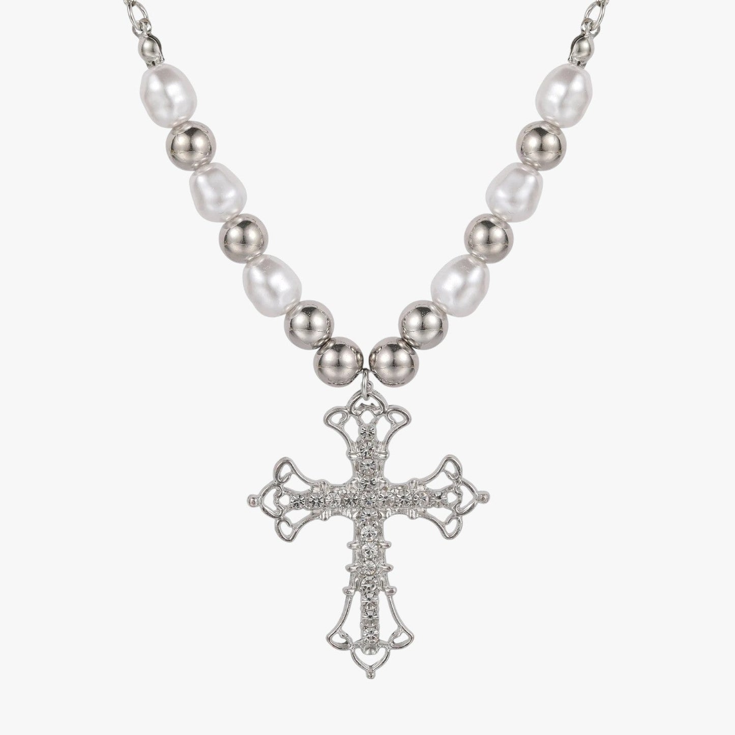 Kora | Elegante Gothic-Halskette mit Kristallkreuz und Barockperlen
