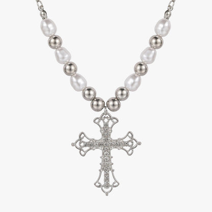 Kora | Elegante Gothic-Halskette mit Kristallkreuz und Barockperlen