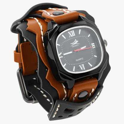 Alden | Großes quadratisches Herrenuhr mit echtem Lederarmband
