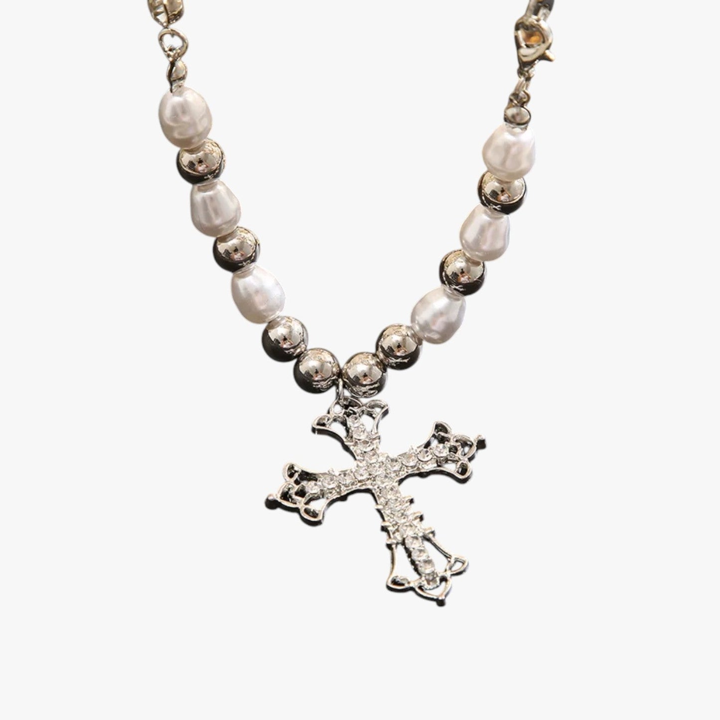 Kora | Elegante Gothic-Halskette mit Kristallkreuz und Barockperlen