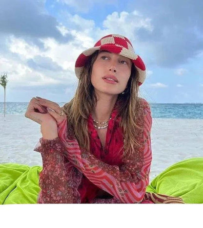 EVA| Damen handgemachte gehäkelte Fischerhut mit Karo-Muster