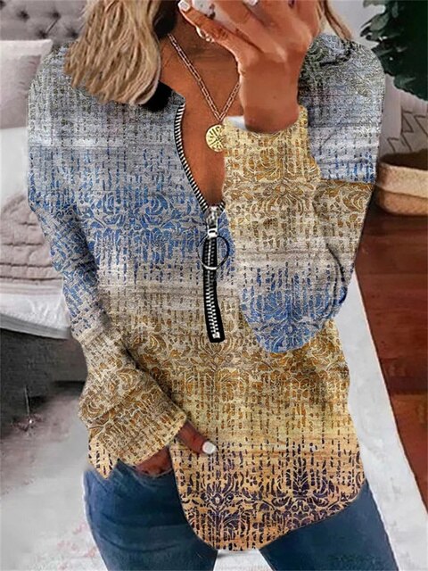 Langarm Damenoberteil mit Vintage-Muster und Reißverschluss – Milara
