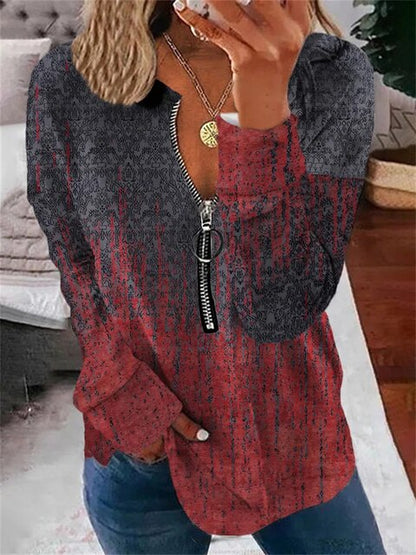 Langarm Damenoberteil mit Vintage-Muster und Reißverschluss – Milara